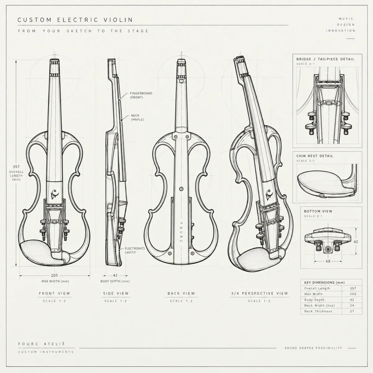 Projeto técnico de violino elétrico personalizado FourC